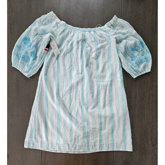 Crown & Ivy Off Shoulder Teal Stripe Mini Dress Balloon Sleeve Embroidered XS - Picture 9 of 10